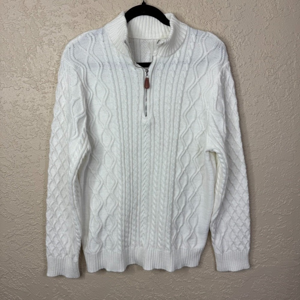 Ouku Womens Cable Knit Pullover Sweater Size XL White 1/4 Zip Coastal Preppy